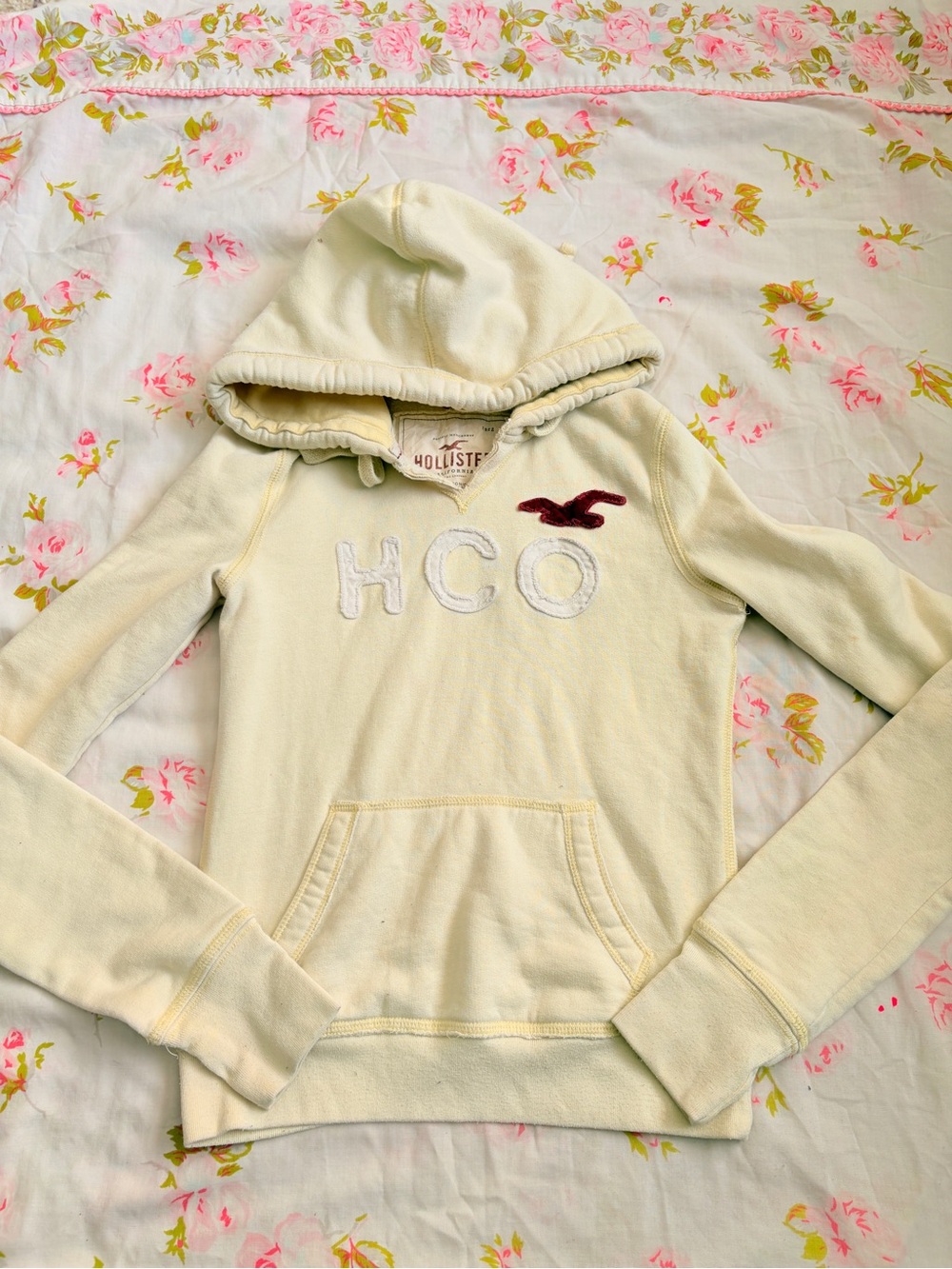 Vintage Hollister Cream Hoodie with Burgundy Seagull & HCO Logo